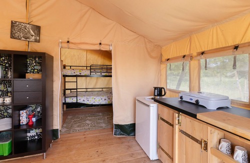 Jayac RV Rental | Glamping 'Safarilodge Standard 4 Pers' with Private Terrace & Wi-Fi
