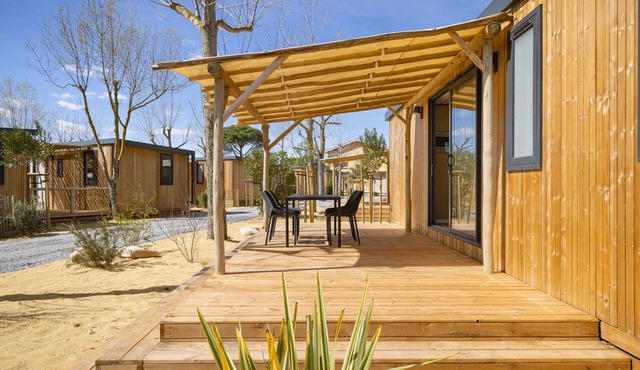 Modern chalet with air conditioning, in a holiday park, at 1.5 km from the beach